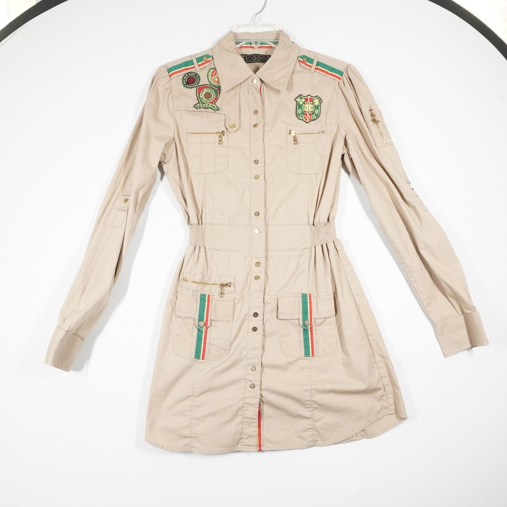 VTG COOGI Utility Shirt Dress M Tan Patchwork Military Safari Rasta Streetwear